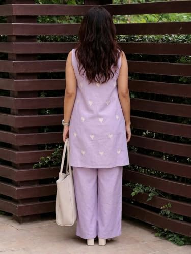 Image of ANNI Designer Kurta Set for Women Cotton Blend Embroidered | Kurti Set for Woman | Farshi Salwar Suit Kurta Palazzo Outfit | Round Neck V Slit Sleeveless Regular Fit Ethnic Dress Stylish Clothing