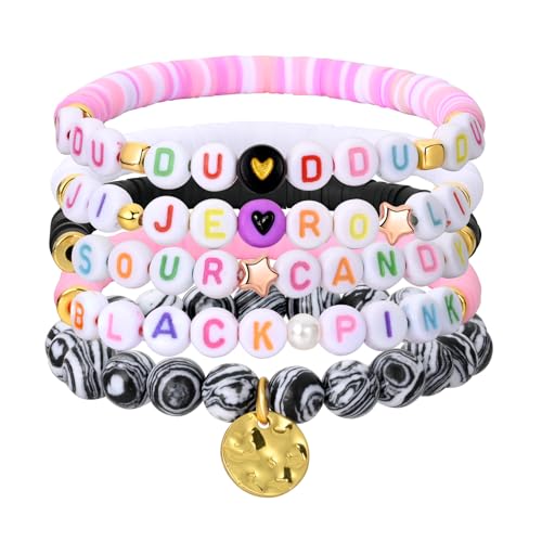 Bpink Bracelet for Women and Men, 5 Pack K-pop Inspired Clay & Natural Stone Handmade Design Friendship Bracelets, Kpop Friendship Bracelets Gift for Fans Party Supplies Dress Decor