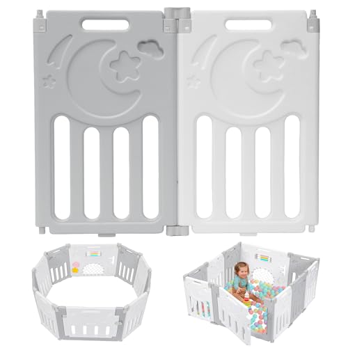 Baby Playpen, Dripex Upgrade Foldable Kids Activity Centre, Safety Play Yard, Indoor and Outdoor Baby Fence, Play Pen with Gate for Toddlers, Grey White, 2 Panel