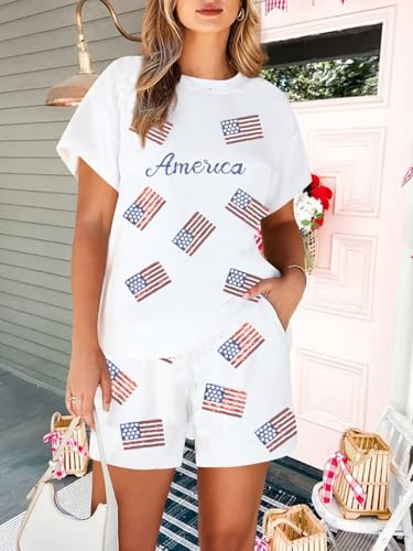 Image of VILOVE 4th of July 2 Piece Sequin Outfits Women Star Stripe Shirts and Short Sets Casual Patriotic Shirt Summer Set