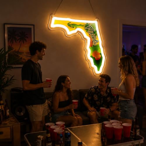 Image of Florida Map Neon Sign, Dimmable Florida LED Neon Light, Tropical Palm Tree Light Up Sign, USB Powered Wall Decor for Bedroom, Living Room, Bar, Party, Home Aesthetic Wall Art Decoration