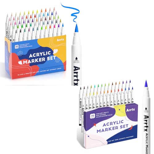 Arrtx 90Pcs inlude 60A&30B Acrylic Paint Pens, Paint Markers Paint Pens, Brush Tip for Rock Painting, Canvas, Stone, Ceramic, DIY Crafts Making Art Supplies-with Neon & Metallic & Regular Co