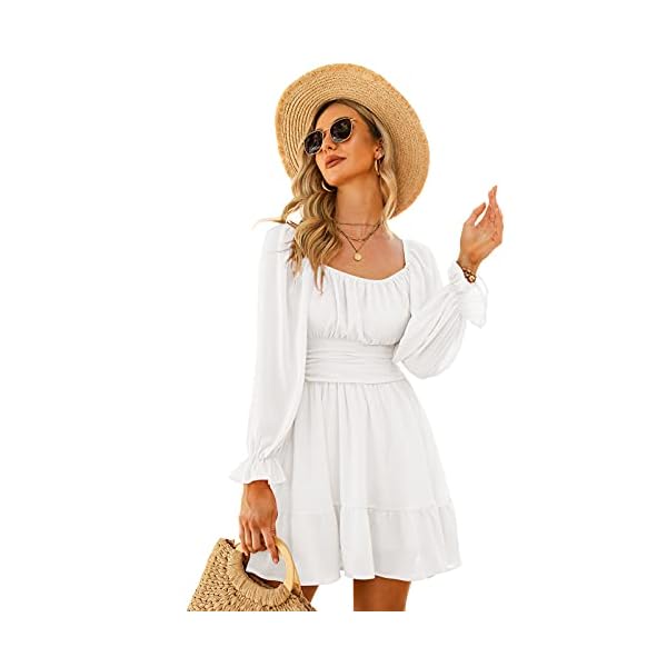 Exlura-Women-Tie-Back-Long-Lantern-Sleeve-Square-Neck-Ruffle-Dress-Elastic-Waist-Aline-Casual-Mini-Dress EXLURA Women Tie Back Summer Dresses Long Lantern Sleeve Square Neck Ruffle Elastic Waist Aline Casual Mini Dress