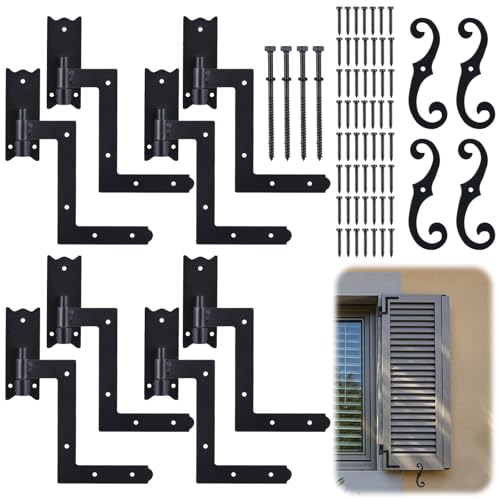 MorningRo Black Shutter Hinges and S Holdback Hooks with Attachment Hardware Metal 6.5 Shutter Dog Holders and 1-1/16 Blind Shutters Hinges for Heavy Duty Wood Frame Brick Doors Window(2 Set)