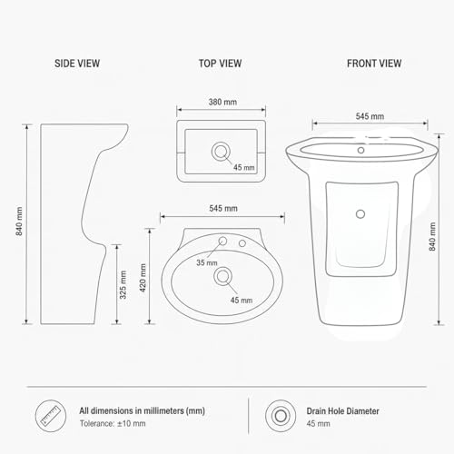 Image of Well Set Luxury Ceramic One Piece Pedestal Wash Basin | Premium Stand Wash Basin Square for Home Office Hotel | Ceramic White