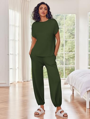 Image of Ekouaer Two Piece Outfits Lounge Sets for Women Sweater Sets Knit Short Sleeve Tops Jogger Pants Matching Tracksuit