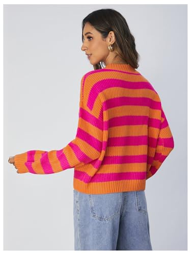 Image of SOLY HUX Women's Color Block Striped Knit Tops Casual Long Sleeve Drop Shoulder Sweater Pullovers