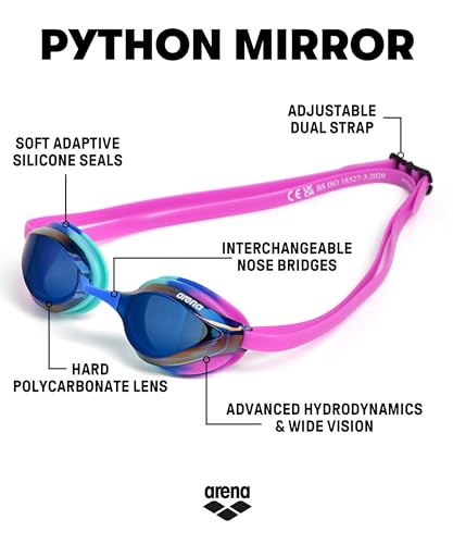 Image of ARENA Unisex Python Racing Swim Goggles for Men and Women Anti-Fog No Leak Max Comfort Dual Strap, Mirror /Non-Mirror Lens