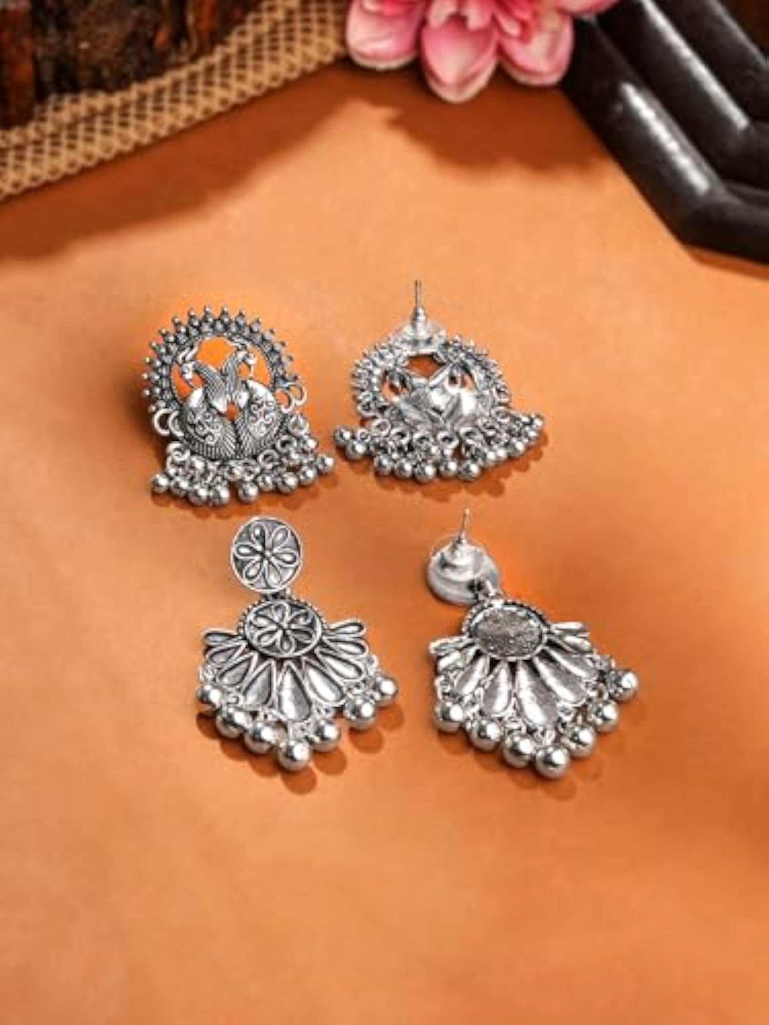 Silver Oxidised Drop Earrings Combo - 2 Pair for Girls