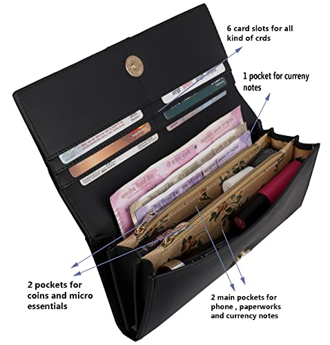 Image of ALSU Women's Hand Wallet Purse Clutch | Phone Pocket | Coin Compartment | Credit Card Slots| Zipper Pocket| Office use| Casual use| Faux Leather (Black)