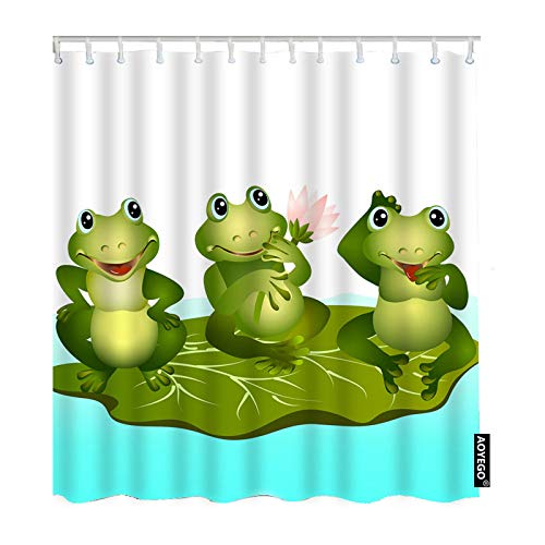 AOYEGO Frosch-Duschvorhänge, niedliche Tier-grüne Frösche auf Lotusblatt, Wasserteich, See, Badezimmer, Duschvorhang-Set, wasserdicht, Polyestergewebe mit Haken, 152 x 183 cm Cover