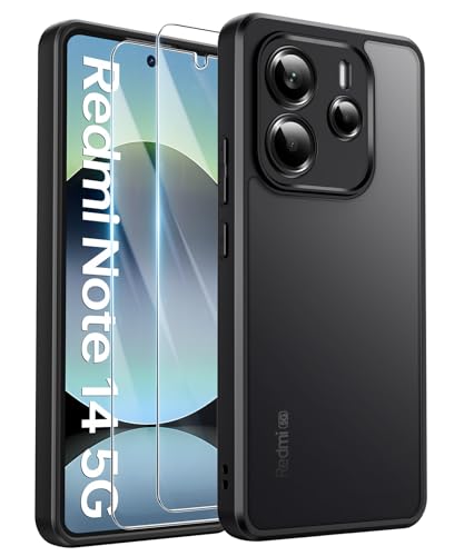 FLLAO Matt Handyhülle für Xiaomi Redmi Note 14 5G Hülle und 2 Schutzfolie mit Kameraschutz [Militärnorm Schutz] urchscheinende PC Rückseite TPU Bumper Hülle für Redmi Note 14 5G- Schwarz