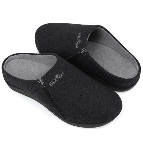 ERGOfoot House Slippers With Arch Support, Orthopedic Slippers for Plantar Fasciitis Pain Relief, Comfy Wool Felt Clog, Non-Slip Indoor Outdoor House Shoes for Women and Men/Black, W8/M7