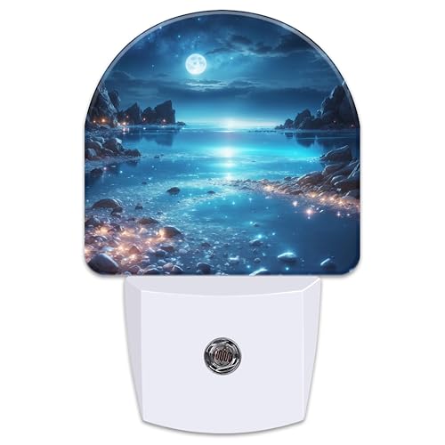 Image of Full Moon and Sparkling Lake Night Light for Kids,Magical Beach at Night Plug in Night Light with Dusk to Dawn Sensor, 0.5w Energy Saving Nightlight for Hallway Stairway Kitchen Bedroom