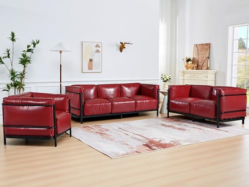 Image of 3 Piece Living Room Sofa set, Mid-Century Modern Upholstered Couch Chair Faux Leather Sofa Couch with Iron Frame and Upholstered Armrest Backrest Cushion for Living Room, Office, Apartment (Burgundy)