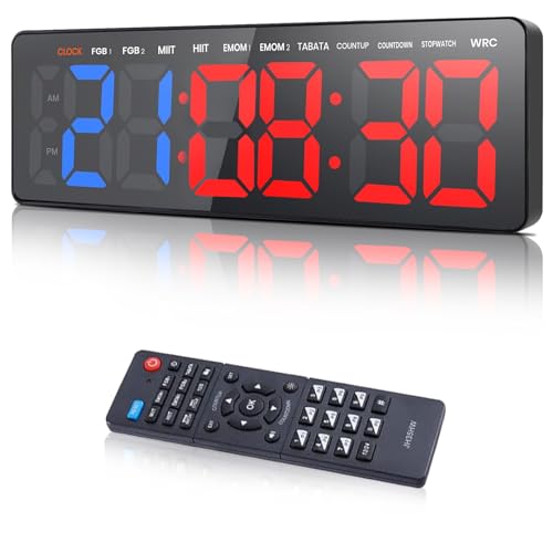 Manoive Temporizador de Gimnasio, 16.5' Grande Reloj de Pared Digital Temporizador de Intervalo LED con Countdown & Up Cronómetro, Brillo & Volumen Ajustable, Gym Timer con Control Remoto para Casa