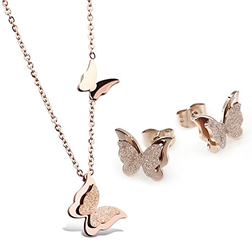 Kim Johanson Edelstahl Damen Schmuckset Schmetterling Halskette mit Anhänger & Ohrringe in Roségold inkl. Geschenkverpackung Cover