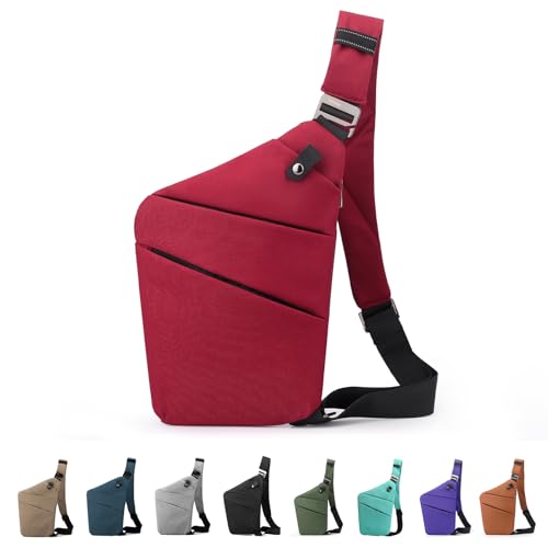 MaijjLyn Anti Theft Crossbody Bag, One Shoulder Chest Sling Bag Multi Pockets Slim Anti Theft Travel Purse for Women & Men (Winered Right)