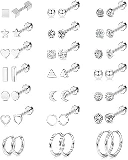 FIOROYAL 21 Pairs Flat Back Earrings Stud for Women Men Girl Stainless Steel Cartilage Helix Ear Piercing Tiny CZ Star Moon Heart Hoop Stud Earrings