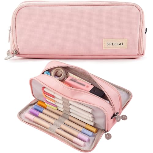 Image of MAMUNU Large Capacity Pencil Case, 3 Compartments Canvas Pencil Pouch with Zipper, Aesthetic Pencil Bag Pen Pouch for School Office Students Teen Girls Boys, Pink