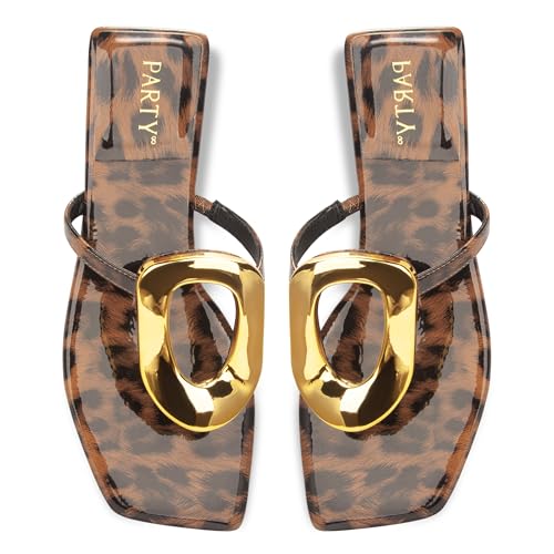Image of PARTY Square Toe Flip Flops Women,Fashion Designer Thong Sandals with Gold Buckle Trendy Summer Comfort Flat Sandals