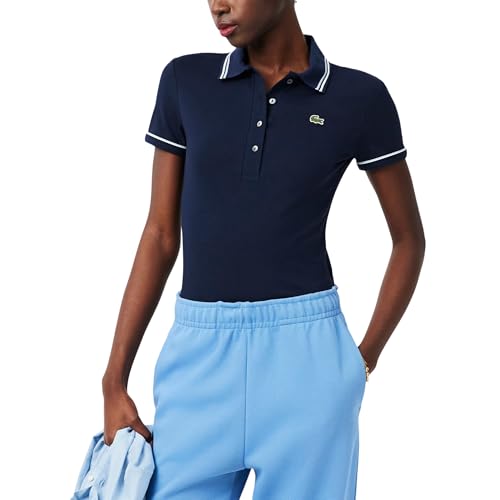 Lacoste Women's L.12.D Slim Fit Trim Detail Polo Shirt, Navy Blue/Chambray/Flour, 12