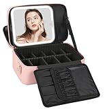Relavel Makeup Train Case With LED Mirror, Professional Travel Cosmetic Bag with Removable Partitions, 2-Layer Makeup Bag, 3 Color Brightness Makeup Organizer, Rechargeable Vanity for Women, Pink