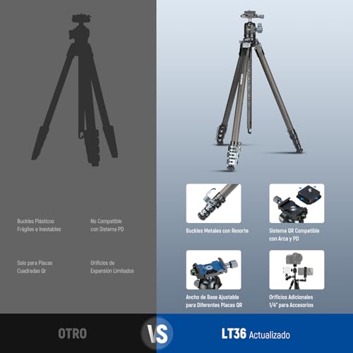 NEEWER 60,4" Trípode Viaje Fibra Carbono con 360° Rótula Desmontable, Soporte Ligero Cámara Video con Flip Buckle Liberación Rápida, Placa QR Tipo Arca Compatible con Peak Design Capture V3, LT36 - imagen 8