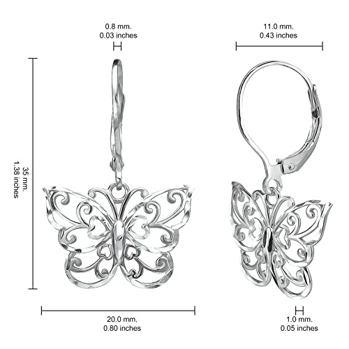 Sterling Silver Diamond-Cut Thin Dainty Filigree Drop Dangle Leverback Butterfly Earrings For Women #TOP4