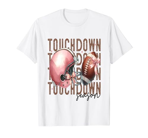 Touchdown Season Girly Coquette Football Game Pink Bow Mujer Camiseta