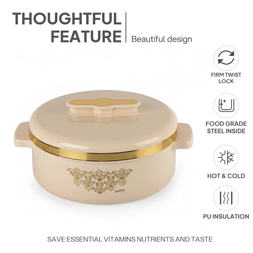 Image of CELLO Exotic 1000 Casserole Hot Pot Case for Daily Use 1000 ml, Cream | Double Wall PU Insulated Serving Hot & Warm Food Hot Pot Box | Stylish Airtight Kitchen Casserole Set for Roti Rice Biryani
