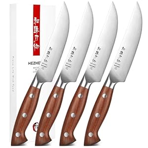 HEZHEN Steakmesser Set 4-Teilig, Hochwertiger Rostfreier Stahl Tischmesser, Schneiden von Steak BBQ Braten Grillen, Full Tang Griff aus Redwood