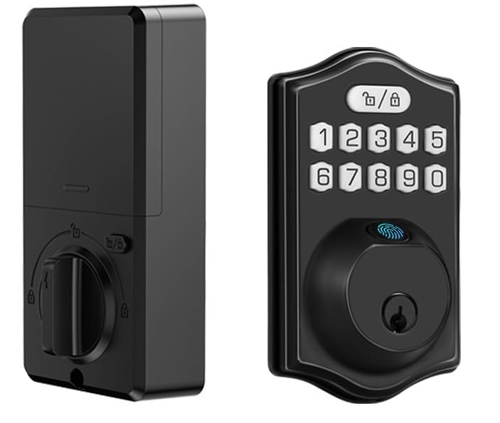 Smart Fingerprint Door Lock – Serratura Bluetooth Keyless Entry con controllo app, codice PIN e chiave di backup, nero esterno/finitura interna nera