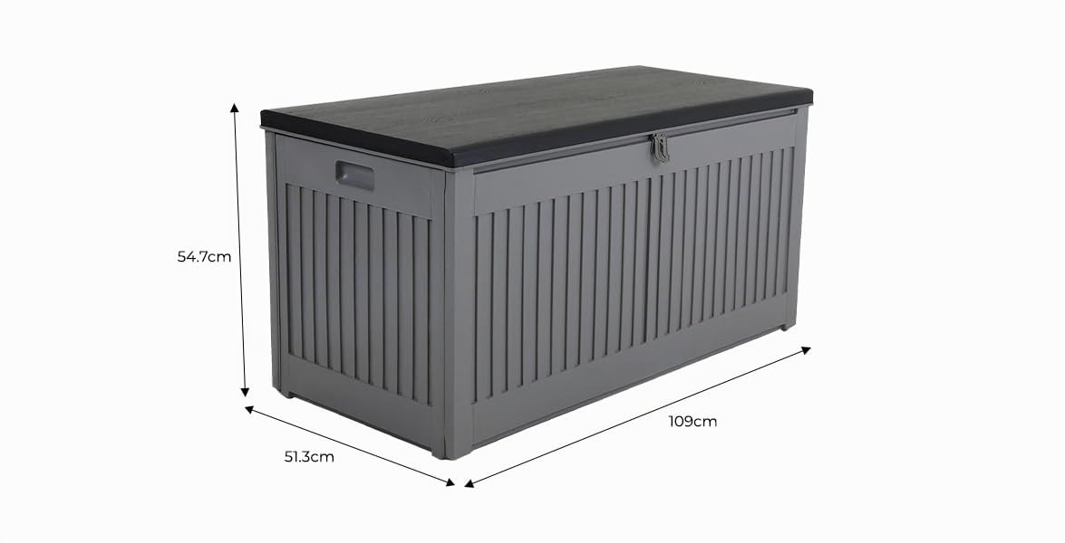 CHARLES BENTLEY Coffre de Rangement 270L Jardin Extérieur - Plastique Gris avec Couvercle Noir, Poignées Moulées, Fermeture Cadenas, Couvercle Coulissant (109x54,7x51,3 cm)