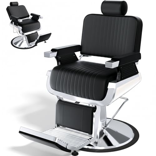 All Purpose Barber Chair for Home, Professional Heavy Duty Hydraulic Reclining Barber Salon Chair for Hair Stylist, 360° Swivel, Headrest & Footrest, Beauty Spa Tattoo Equipment, Black, 440lbs