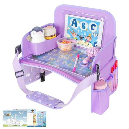 Image of MENZOKE Kids Travel Tray for Car Seat, Road Trip Essentials Kids Lap Tray | Toddler Gift for Girl Activities with Dry Erase Board, No-Drop iPad Holder Stand, Cup Holder & Adjustable Strap, Purple