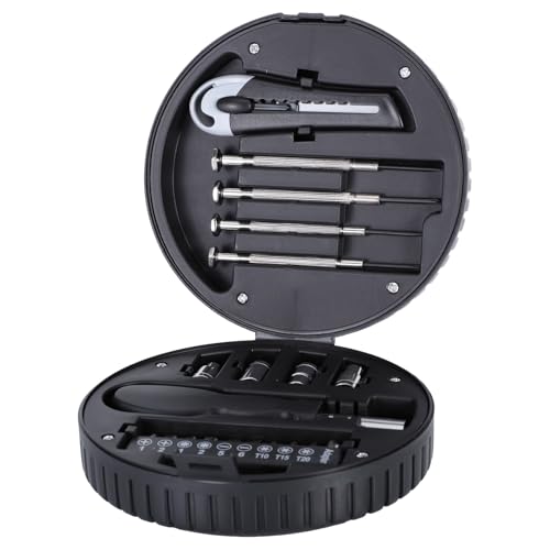 Toyvian Juego Compacto de Herramientas Hogar Caja Redonda Tipo Neumático 20 Piezas para Uso en Reparaciones Domésticas y Mecánica, Adecuado para Manitas y Trabajadores 5.31X5.31X2.36
