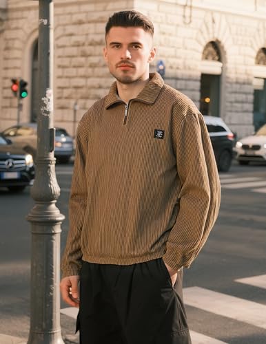 ZAFUL Men’s Quarter Zip Polar Fleece Sweatshirt – Vintage Embroidered Graphic Pullover, Black Coffee Green Casual Top2