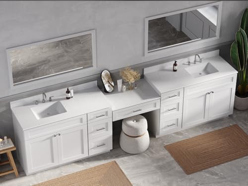 DISAR DSR 132'' Double Bathroom Vanity Cabinet with Carrara Quartz Top White Shaker Style Dovetail Drawers Vanity Desk Solid Wood Plywood MDF 133"x22"x35.25" (132'' with Seven Drawers)