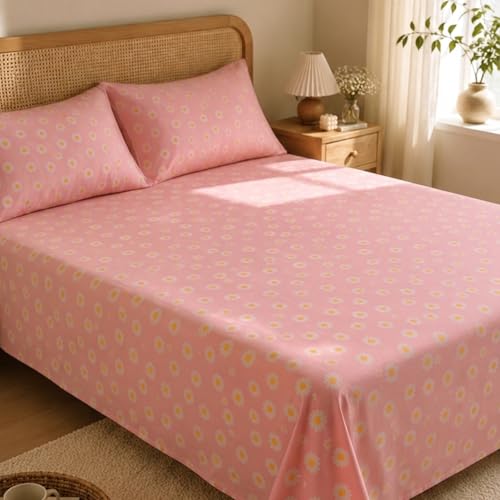 Image of Marrow Lane 300 TC Soft Air Cotton Double Bedsheet | Daisy Meadow | Flatsheet with 2 Pillow Covers | Pink Floral Print (228.6 x 254 cm, Pink & White)