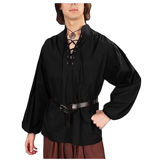 LVCBL Camisa medieval para hombre, disfraz vikingo, camisa con cordones, renacentista, steampunk, pirata, cuello alto, cosplay, Negro , XL