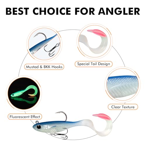 image for TRUSCEND Easy Catch Pre-Rigged Soft Lures, Unique Curving Tail with Ir