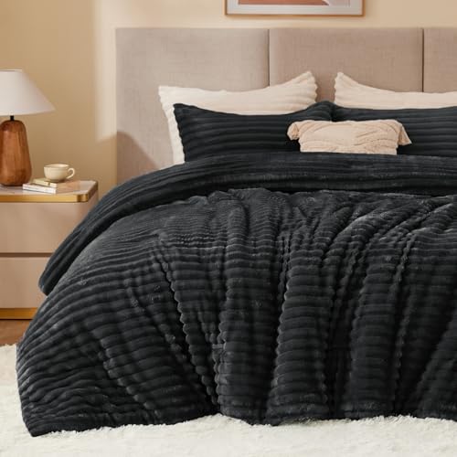 BEDELITE Fleece Queen Comforter Set, Fluffy Bed Set, Black