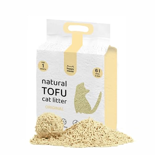 HAPPY MEOW Arena de Tofu para Gatos (6L / 2,5Kg) - Natural y Biodegradable - Aglomerante Instantáneo, Bajo en Polvo, Control de Olores con Aroma de Vainilla, Ultra Absorbente, Desechable en el Inodoro