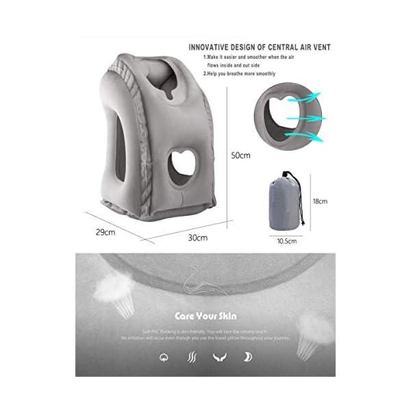 Inflatable Travel Air Pillow For Sleeping To Avoid Neck And Shoulder Pain Comfortably Support Head And Lumbar Used For Airplane Car Bus And Office Grey