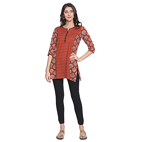 Image of Rapsodia Women's Red & Blue Sanganeri Block Print Short Kurti, Jaipuri Traditional Printed Tunic for Girls and Women