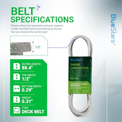 Image of BlueStars 144200 Mower Deck Belt | Aramid Cord | 1 /2 inch x 88 inch | Deck Belt - Fits AYP Craftsman 24104 Husqvarna 532144200 LTH130 YTH150 LTH120 YTH180 131290 532131290 419271 532419271