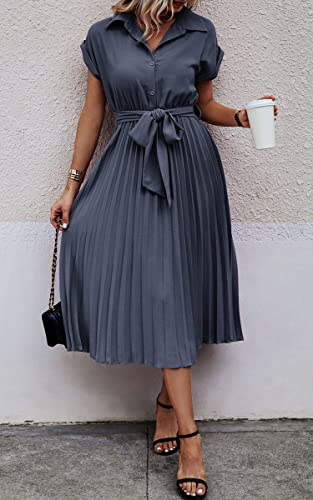 Image of ECOWISH Womens Casual Midi Dresses Solid V Neck Short Sleeve Button Shirt Belted Dress with Pockets for Spring Summer 2026