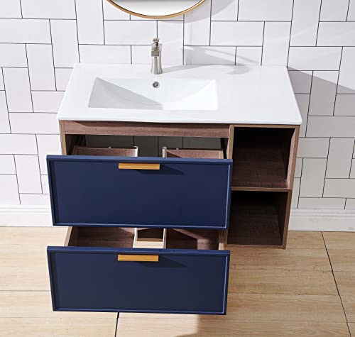 Mogiyin Home 36" Floating Bathroom Vanity With Sink Modern Design Blue&Brown,Bathroom Vanity With Sink Wall Mounted Bathroom Sink Cabinet,Bathroom Vanities Combo Set With White Vessel Sink #TOP6