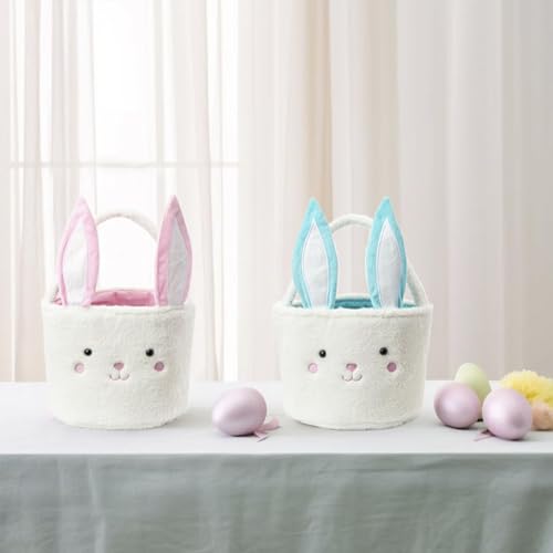 Image of Plush Bunny Basket for Easter Fluffy Easter with with Bunny Ears, Easter Egg Hunts Decorations Candy Gifts Storage (Pink White)